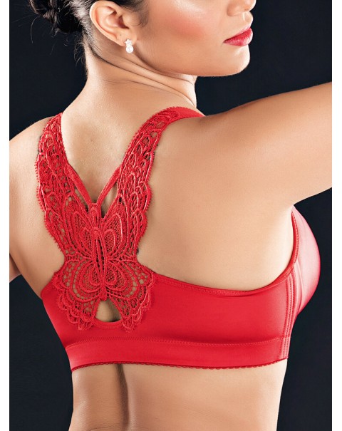 Front Closure Butterfly Embroidery Back Wireless Push Up Bra - DD 48  Red