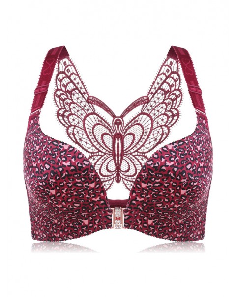 Front Closure Butterfly Embroidery Back Wireless Push Up Bra - DD 48  Red