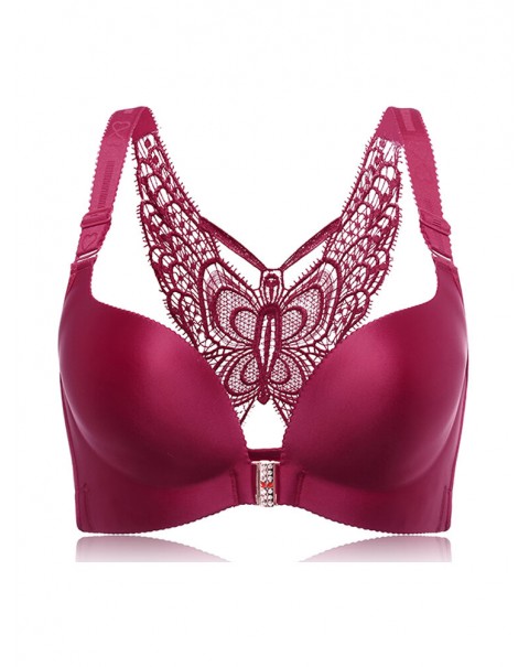 Front Closure Butterfly Embroidery Back Wireless Push Up Bra - DD 48  Red