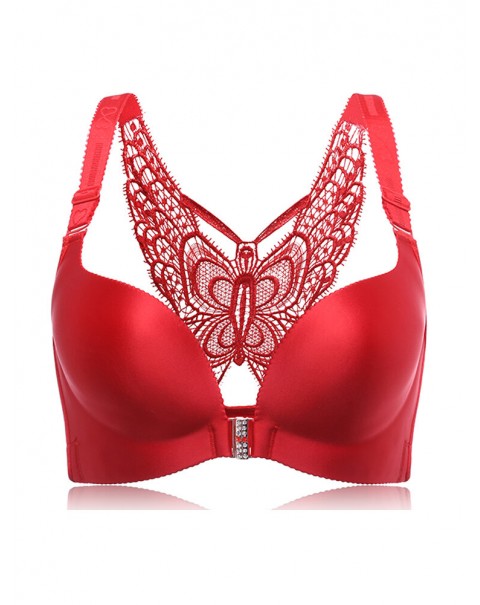 Front Closure Butterfly Embroidery Back Wireless Push Up Bra - DD 48  Red