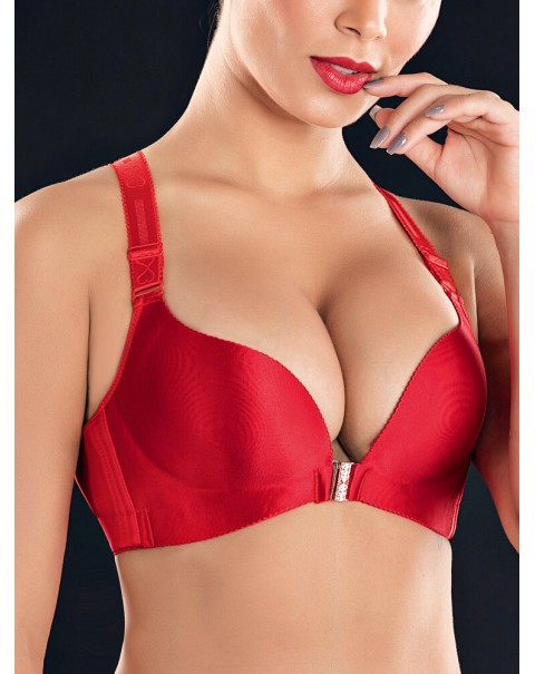Front Closure Butterfly Embroidery Back Wireless Push Up Bra - DD 48  Red