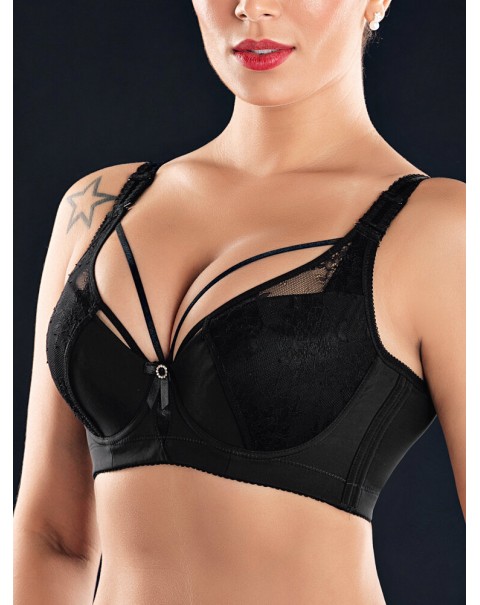 Plus Size Lace Criss Cross Full Coverage Gather Adjustable Bra - 38 Black