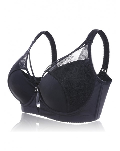 Plus Size Lace Criss Cross Full Coverage Gather Adjustable Bra - 38 Black