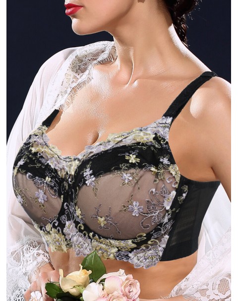 Plus Size Lace Embroidery Transparent Adjustable Gather Bra - D 44 Nude