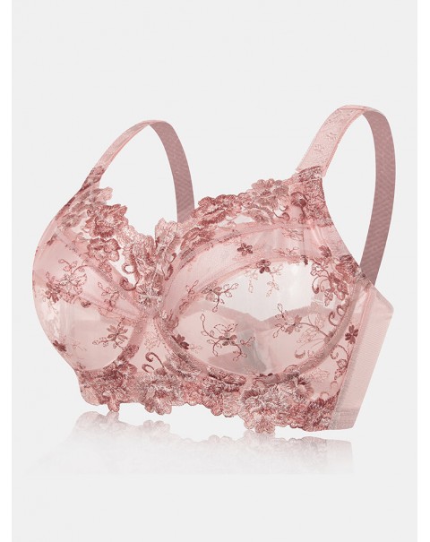 Plus Size Lace Embroidery Transparent Adjustable Gather Bra - D 44 Nude