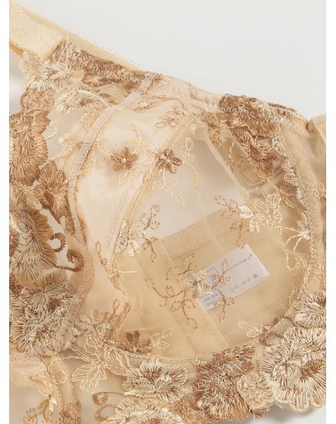 Plus Size Lace Embroidery Transparent Adjustable Gather Bra - D 44 Nude