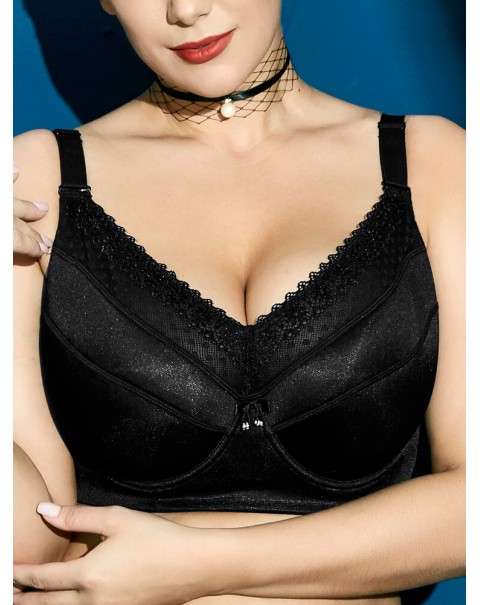 Plus Size Glossy Full Coverage Lace-trim Lightly Lined Gather Push Up Bra - F 34 Black