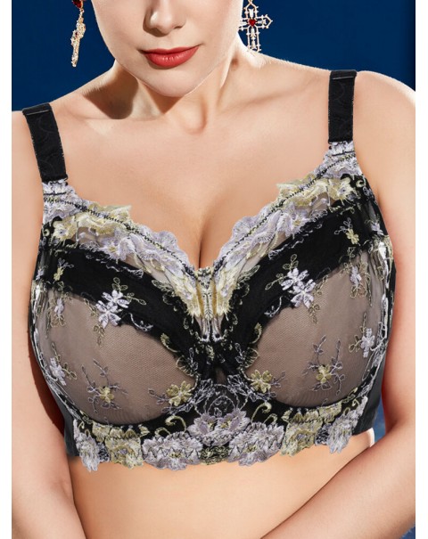 Plus Size Lace Embroidery Transparent Adjustable Gather Bra - D 44 Nude