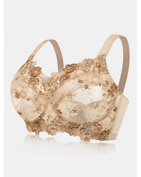 Plus Size Lace Embroidery Transparent Adjustable Gather Bra - D 44 Nude