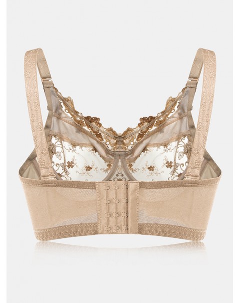 Plus Size Lace Embroidery Transparent Adjustable Gather Bra - D 44 Nude