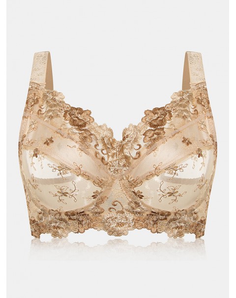 Plus Size Lace Embroidery Transparent Adjustable Gather Bra - D 44 Nude