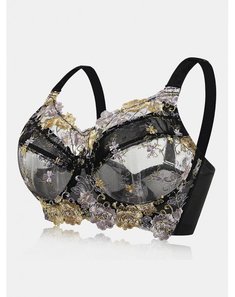 Plus Size Lace Embroidery Transparent Adjustable Gather Bra - D 44 Nude