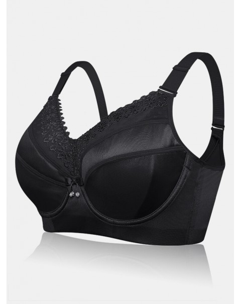 Plus Size Glossy Full Coverage Lace-trim Lightly Lined Gather Push Up Bra - F 34 Black
