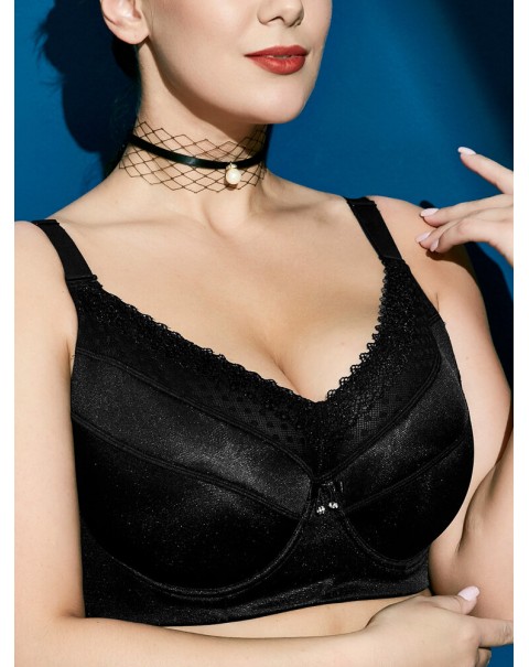 Plus Size Glossy Full Coverage Lace-trim Lightly Lined Gather Push Up Bra - F 34 Black