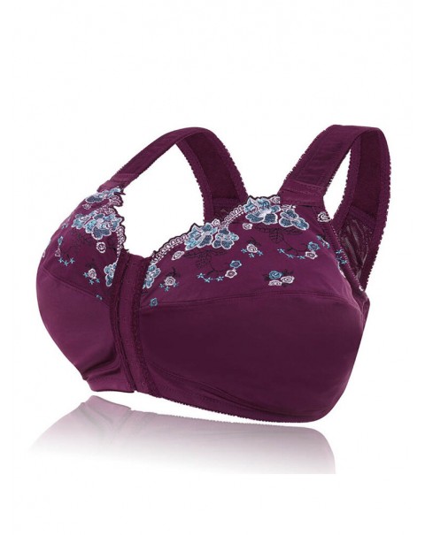 FULLGLADY Plus Size Embroidery Wireless Full Cup Front Closure Bra - C 42 White