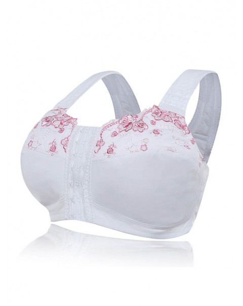 FULLGLADY Plus Size Embroidery Wireless Full Cup Front Closure Bra - C 42 White