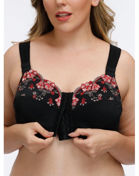 FULLGLADY Plus Size Embroidery Wireless Full Cup Front Closure Bra - C 42 White