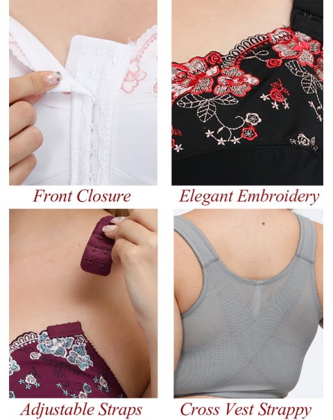 FULLGLADY Plus Size Embroidery Wireless Full Cup Front Closure Bra - C 42 White