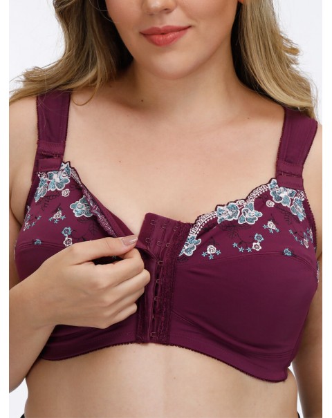 FULLGLADY Plus Size Embroidery Wireless Full Cup Front Closure Bra - C 42 White
