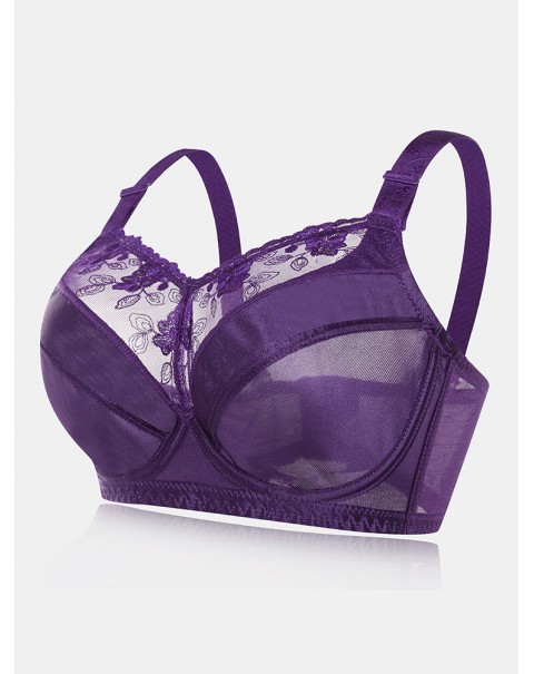 Lace Plus Size Transparent Ultra-thin Gather Push Up Bra - C 38 Dark Purple