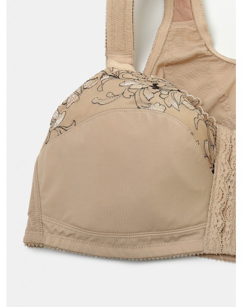 Women Comfort Embroidered Front Closure Full Cup Wireless Bras - Apricot C 38
