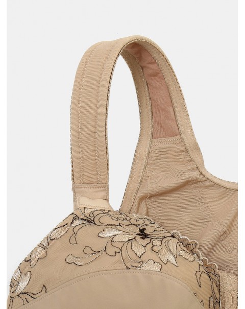 Women Comfort Embroidered Front Closure Full Cup Wireless Bras - Apricot C 38