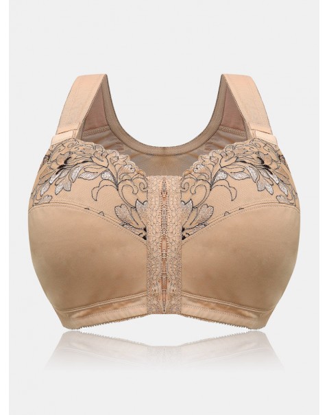 Women Comfort Embroidered Front Closure Full Cup Wireless Bras - Apricot C 38