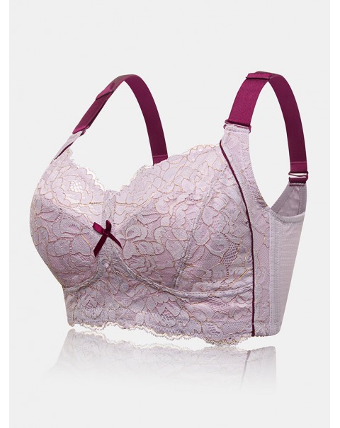 Women Lace Jacquard Contrast Bow Wireless Full Cup Cozy Lightly Lined Bra - Grey B 38