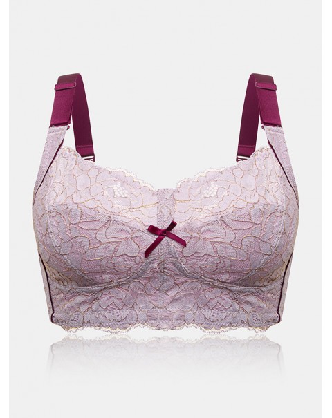 Women Lace Jacquard Contrast Bow Wireless Full Cup Cozy Lightly Lined Bra - Grey B 38