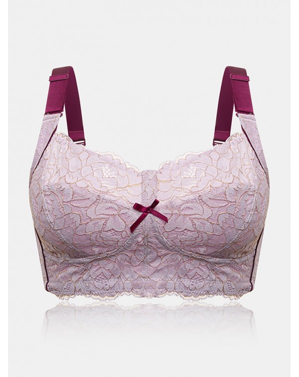 Women Lace Jacquard Contrast Bow Wireless Full Cup...
