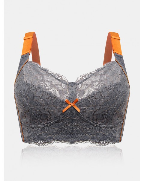 Women Lace Jacquard Contrast Bow Wireless Full Cup Cozy Lightly Lined Bra - Grey B 38