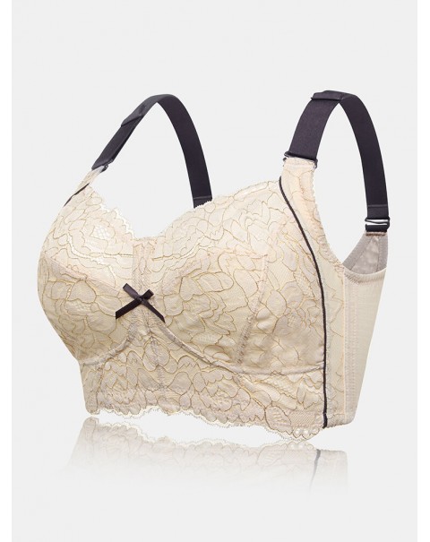 Women Lace Jacquard Contrast Bow Wireless Full Cup Cozy Lightly Lined Bra - Grey B 38