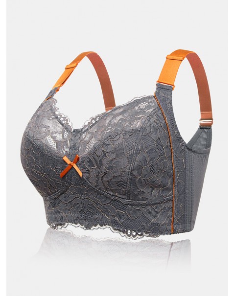 Women Lace Jacquard Contrast Bow Wireless Full Cup Cozy Lightly Lined Bra - Grey B 38