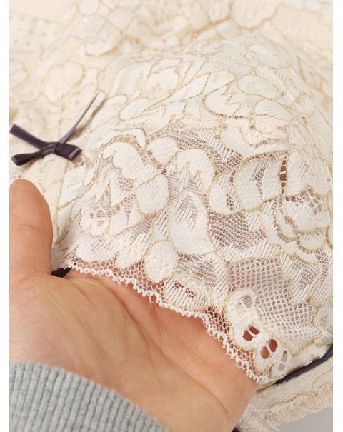 Women Lace Jacquard Contrast Bow Wireless Full Cup Cozy Lightly Lined Bra - Grey B 38
