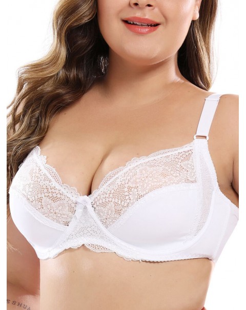 Plus Size Lace Hollow Adjustable Straps Gather Push Up Bra - G 36 White
