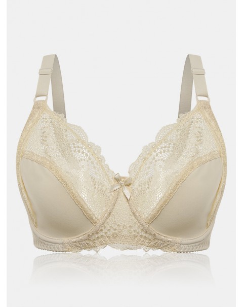 Plus Size Lace Hollow Adjustable Straps Gather Push Up Bra - G 36 White