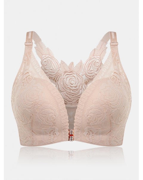 Plus Size Lace Wireless Embroidery Bra - B 30 Black