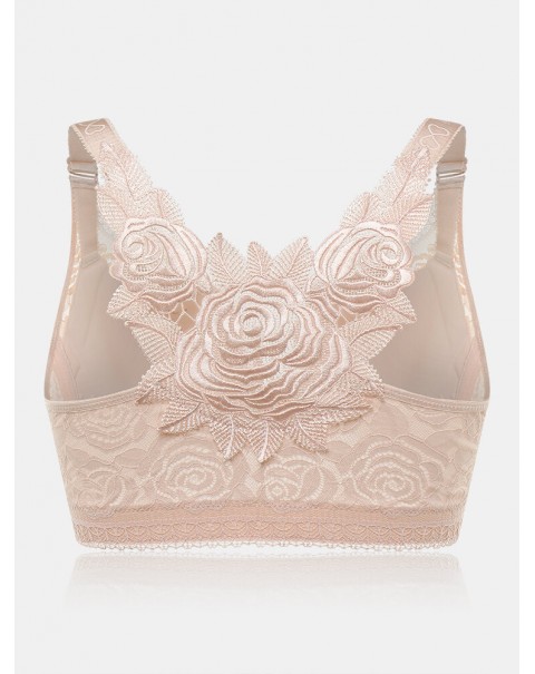 Plus Size Lace Wireless Embroidery Bra - B 30 Black