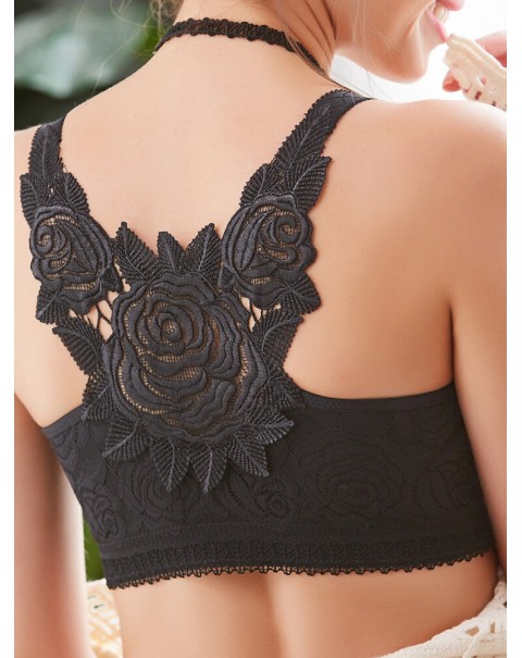 Plus Size Lace Wireless Embroidery Bra - B 30 Black