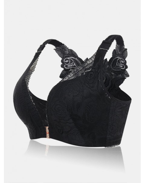Plus Size Lace Wireless Embroidery Bra - B 30 Black