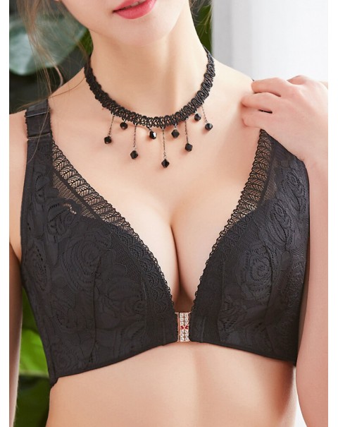 Plus Size Lace Wireless Embroidery Bra - B 30 Black