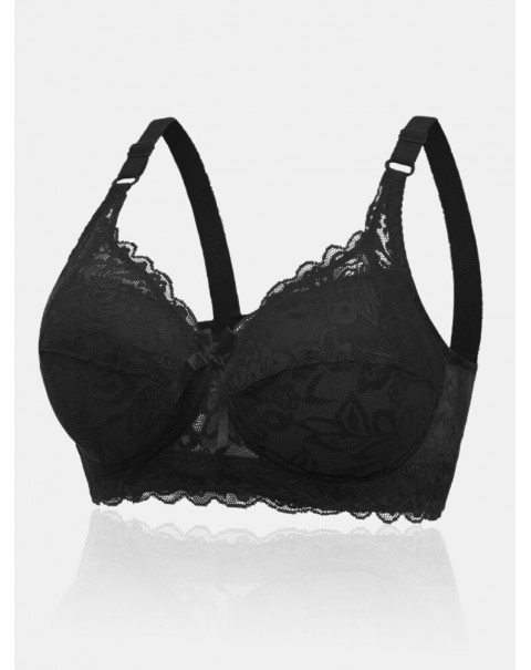 Women Lace Trim Floral Bowknot Push Up Comfortable Bras - White D 36