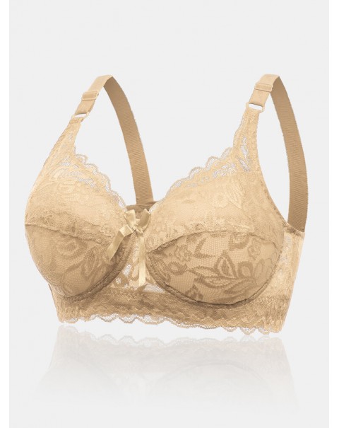Women Lace Trim Floral Bowknot Push Up Comfortable Bras - White D 36