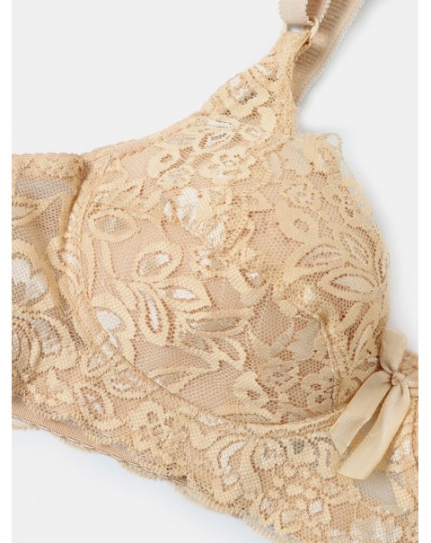 Women Lace Trim Floral Bowknot Push Up Comfortable Bras - White D 36