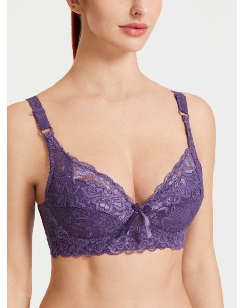 Women Lace Trim Floral Bowknot Push Up Comfortable Bras - White D 36