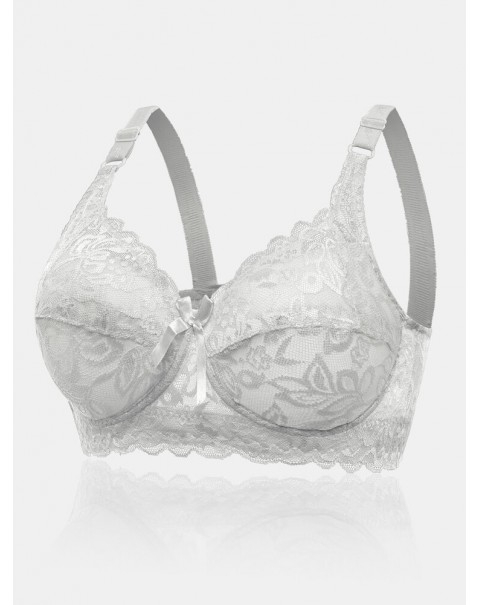 Women Lace Trim Floral Bowknot Push Up Comfortable Bras - White D 36