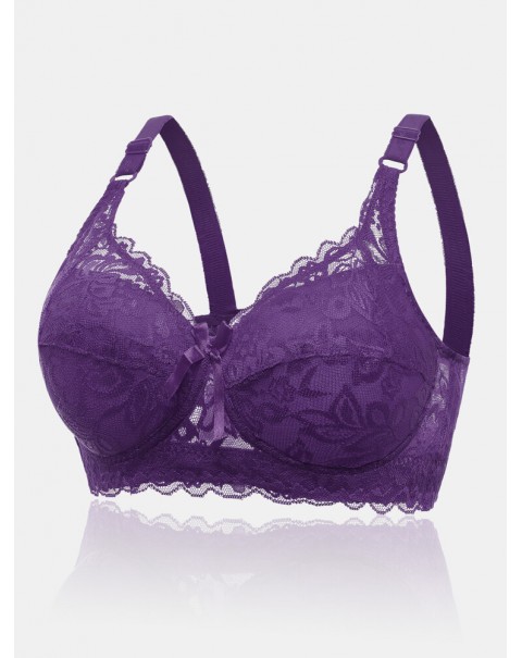 Women Lace Trim Floral Bowknot Push Up Comfortable Bras - White D 36