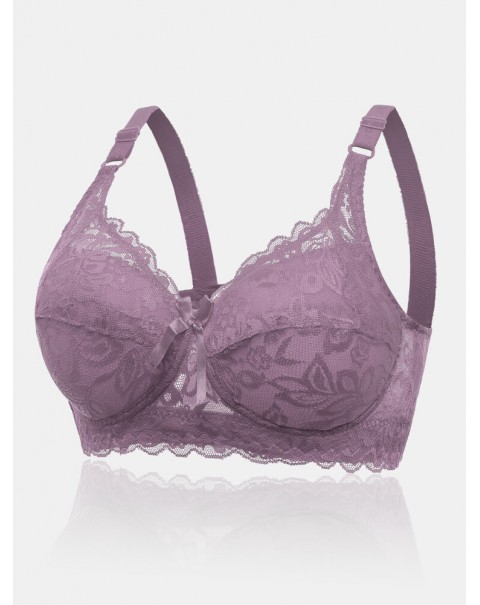 Women Lace Trim Floral Bowknot Push Up Comfortable Bras - White D 36