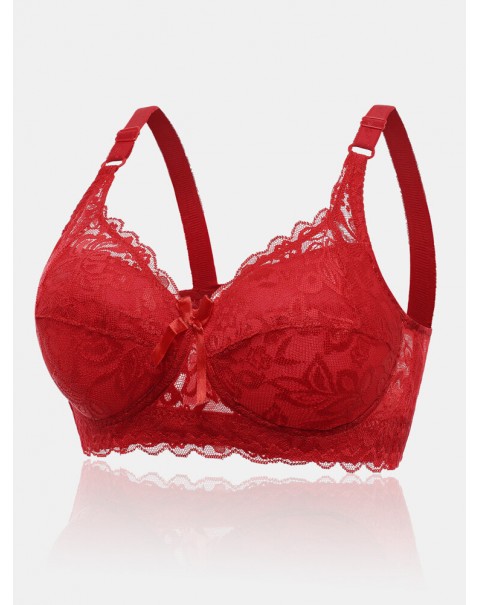 Women Lace Trim Floral Bowknot Push Up Comfortable Bras - White D 36