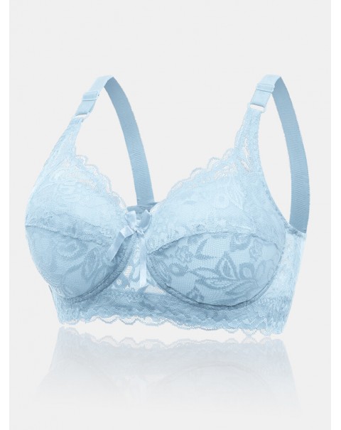 Women Lace Trim Floral Bowknot Push Up Comfortable Bras - White D 36